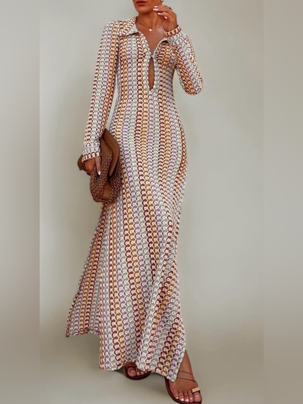 Sunfere Dawn V-Neck Collared Crochet Maxi Dress - Medium - Multi